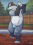 anthro black_nose bulge clothing detailed_background electronics eyes_closed fur grey_body grey_fur headphones humanoid_hands jockstrap male slightly_chubby solo swimming_pool underwear k-9 badger european_badger mammal meles mustelid musteline 2023 hi_res