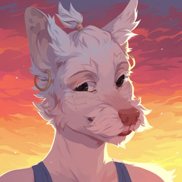 anthro blue_clothing blue_topwear cheek_tuft clothed clothing cloud detailed_background ear_piercing ear_ring eyelashes facial_tuft fur glistening glistening_eyes hair looking_at_viewer male narrowed_eyes outside piercing red_nose ring_piercing solo sunset topwear tuft unsigned white_body white_fur white_hair corzh77 canid canine canis domestic_dog mammal 1:1 absurd_res bust_portrait detailed hi_res icon portrait