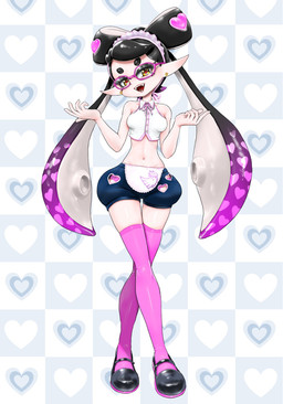 clothing crop_top cutout ear_piercing eyewear female glasses humanoid_pointy_ears legwear looking_at_viewer maid_headdress not_furry open_mouth open_smile panties piercing pointy_ears pseudo_hair shirt smile solo tentacle_hair tentacles thigh_highs topwear twintails_(hairstyle) underwear koharuno2 nintendo splatoon callie_(splatoon) aquatic cephalopod humanoid inkling mollusk hi_res