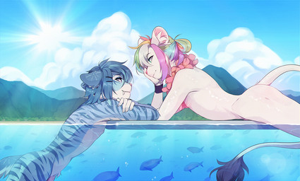 5_fingers anthro blue_hair cloud detailed_background duo eye_contact fingers fur genitals hair looking_at_another male male/male mountain nipples nude penis sky stripes sun water fumiko aquatic mammal