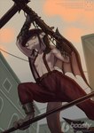 anklet anthro belt bottomwear breasts clothed clothing facial_piercing female grey_body hat headgear headwear jewelry nose_piercing nose_ring pants piercing ring_piercing small_breasts solo suspenders weapon wings 6eyesandhooves deadlock valve ivy_(deadlock) gargoyle