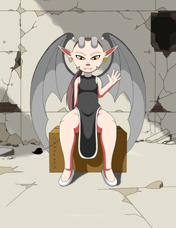 accessory alley bat_wings box brown_hair clothed clothing collared_shirt container detailed_background dress dress_shirt fangs female fingers footwear hair heart_tail horn humanoid_pointy_ears jewelry looking_at_viewer membrane_(anatomy) membranous_wings not_furry outside pointy_ears ring_(jewelry) ruins shirt shoes sitting solo spread_legs spreading tail teeth topwear wings yellow_eyes young young_female anuvisur_(artist) mythology demon demon_humanoid horned_humanoid humanoid mythological_creature absurd_res digital_media_(artwork) hi_res