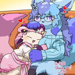anthro asian_clothing breast_squish breasts clothing east_asian_clothing eyewear female glasses headpat heart_symbol japanese_clothing male male/female size_difference squish tontaro nintendo pokemon yume_(sylvpak) eeveelution generation_4_pokemon glaceon leafeon pokemon_(species) animated