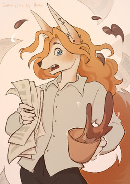 anthro black_bottomwear black_clothing black_pants blonde_hair blue_eyes bottomwear brown_body brown_fur clothed clothing coffee_cup container cup ear_piercing fur hair long_hair male newspaper open_mouth pants piercing shirt solo spilling_drink tail teeth topwear white_body white_clothing white_fur white_shirt white_topwear terri_hovei yuki_(yuki784) canid canine fennec_fox fox mammal true_fox absurd_res half-length_portrait hi_res portrait