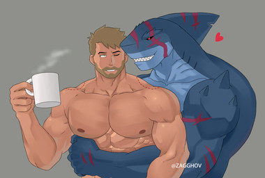 biceps bite_mark black_sclera blue_body blue_skin container cup duo gills heart_symbol hug male male/male muscular muscular_male nipples nude pecs scar sharp_teeth simple_background stubble teeth triceps zagghov dc_comics john_constantine king_shark aquatic fish human mammal shark hi_res