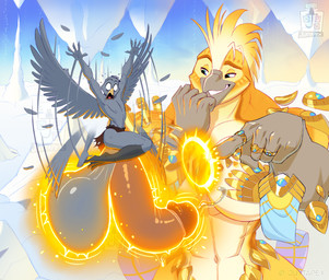 abs anthro balls balls_expansion balls_growth big_balls big_breasts big_penis bodily_fluids bottomwear breasts clothing cloud detailed_background expansion female flapping_wings frantic genital_expansion genital_fluids genitals gold_(metal) gold_jewelry growth huge_balls huge_breasts huge_penis humanoid_genitalia humanoid_penis hyper hyper_balls hyper_genitalia hyper_penis jewelry loincloth magic male motion_blur mountain muscular muscular_female panicked_look panicking pecs pecs_with_breasts penis penis_expansion precum size_difference sky skyscape smile smirk snow sweat sweatdrop juxtapex accipitrid accipitriform avian bird deity eagle owl hi_res