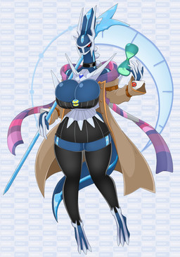 anthro big_breasts black_sclera blue_body bottomwear breasts choker cleavage clothed clothing dress female huge_breasts jacket jewelry legwear melee_weapon necklace pokeball pokemorph polearm quick_ball red_eyes scythe skirt solo stockings topwear weapon urusee584 nintendo pokemon dialga generation_4_pokemon legendary_pokemon pokemon_(species) absurd_res hi_res