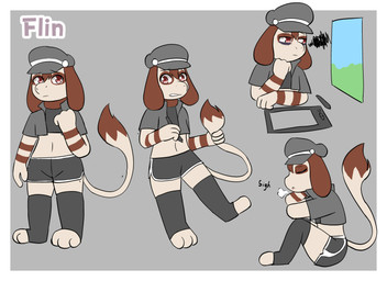 bottomwear clothing crop_top cropped_jacket femboy legwear male shirt shorts solo stockings topwear fokkorev nintendo pokemon flin_(fokkorev) generation_2_pokemon pokemon_(species) smeargle absurd_res hi_res model_sheet