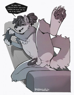 anthro anus balls chest_tuft claws controller curled_tail erection genitals hair holding_controller holding_object horn inner_ear_fluff lying male nude on_side one_leg_up open_mouth pawpads raised_leg simple_background smile solo speech_bubble spread_legs spreading tail text tuft white_background duskiglow canid canine canis domestic_dog mammal 2025 digital_drawing_(artwork) digital_media_(artwork) english_text hi_res sketch