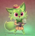 anthro barefoot bottomless bow_tie cheek_tuft clothed clothing cosplay crossover_cosplay facial_tuft featureless_feet feet fur green_body green_fur gun hat headgear headwear holding_gun holding_object holding_ranged_weapon holding_weapon male open_mouth open_smile ranged_weapon shell_(projectile) smile smoke solo tail tuft weapon tracy_j._butler lackadaisy nintendo pokemon calvin_mcmurray felid feline generation_9_pokemon mammal pokemon_(species) sprigatito crossover