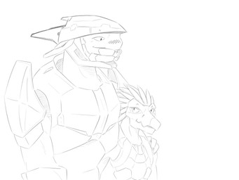anthro armor duo feather_hair feathered_crest feathers female female_anthro flat_chested hand_on_shoulder head_crest larger_male male male/female male_on_anthro mandibles pseudo_hair size_difference smaller_anthro smaller_female elite_spec_ops_alan halo_(series) microsoft xbox_game_studios alien avian kig-yar sangheili scalie t'vaoan 4:3 hi_res monochrome sketch
