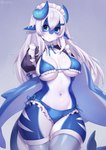 anthro blue_body blue_eyes bra breasts clothing female hair horn legwear lingerie long_hair navel panties skindentation solo stockings tail thigh_highs underwear white_body white_hair iwbitu mythology soda_(soda_uyu) aquatic_dragon dragon fish marine mythological_creature mythological_scalie scalie shark hi_res