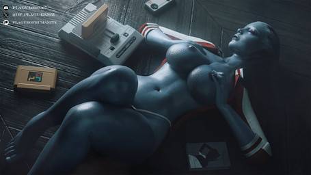 areola big_breasts blue_body blue_skin breasts clothing collarbone electronics eyelashes eyes_closed feet female game_console glistening glistening_body glistening_breasts glistening_skin hand_on_breast hand_on_chest jacket lying navel nipples not_furry on_back panties solo topwear underwear plague_of_humanity_(artist) bioware electronic_arts mass_effect liara_t'soni alien alien_humanoid asari humanoid 16:9 2026 3d_(artwork) digital_media_(artwork) hi_res widescreen