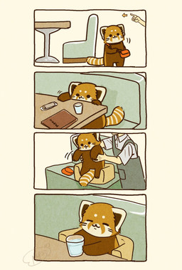 anthro biped black_eyes black_nose brown_body carrying_another chibi clothing dot_eyes duo eyes_closed feral shirt simple_eyes solo topwear shi_nominmin ailurid human mammal red_panda 2024 comic hi_res