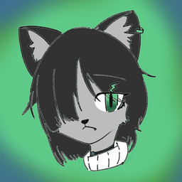 accessory bangs black_body black_hair black_nose blind_eye ear_piercing ear_ring female fur gradient_background green_eyes grey_body grey_fur grey_inner_ear grey_inner_ear_fluff hair hair_accessory hairpin inner_ear_fluff neckwear one_eye_obstructed piercing ring_piercing simple_background solo tuft jing_wei kxol felid feline humanoid mammal 1:1 headshot_portrait portrait