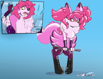 after_transformation alternate_color anthro arm_warmers armwear before_transformation boots clothing embarrassed female fluffy fluffy_chest footwear goo_transformation knock-kneed latex latex_transformation pink_body shoes solo stick transformation helixjack nintendo nintendo_3ds nintendo_ds_family pokemon krysta_kream braixen canid canine fox generation_6_pokemon mammal pokemon_(species) absurd_res hi_res