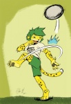 anthro ball green_eyes green_hair hair male mascot pawpads paws soccer_ball solo tail negy zakumi felid leopard mammal pantherine 2010 hi_res