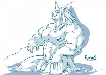 anthro balls bath flaccid genitals looking_at_viewer male muscular muscular_anthro muscular_male nipples penis simple_background solo furious_(artist) final_fantasy square_enix felid mammal ronso