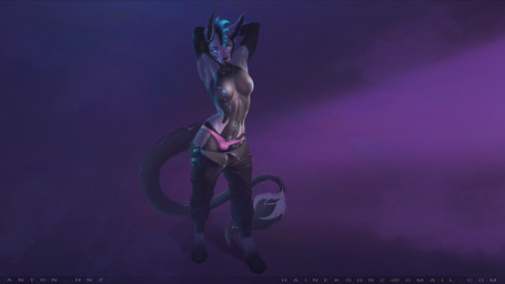 anthro biped black_body black_fur black_hair blue_eyes blue_hair bottomwear breasts clock clothed clothing eyewear fantasy fur glasses glowing glowing_eyes grey_body grey_fur gynomorph hair intersex looking_at_viewer multicolored_hair panties pants pose purple_background simple_background solo standing tail topless two_tone_hair underwear white_body white_fur hnz krakka canid canine fox mammal 16:9 2022 digital_media_(artwork) hi_res model_sheet pinup widescreen