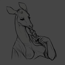 anthro breasts clothed clothing eyelashes female fingers food nipples open_mouth popsicle simple_background solo tongue tongue_out yamashta giraffid mammal okapi 1:1 digital_media_(artwork) monochrome sketch