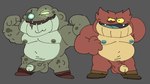 anthro balls belly big_belly duo erection genitals green_body humanoid_genitalia humanoid_penis male moobs nipples overweight overweight_male penis red_body simple_background posduroo amphibia_(series) disney bog_(amphibia) captain_grime amphibian frog 2022