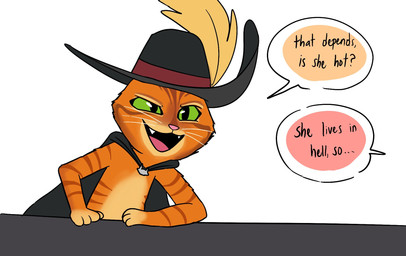 anthro cape clothing dialogue fur green_eyes hat hat_feather headgear headwear loose_feather male orange_body orange_fur simple_background smile solo speech_bubble text whiskers emositecc dreamworks puss_in_boots_(franchise) puss_in_boots_(dreamworks) domestic_cat felid feline felis mammal colored english_text hi_res