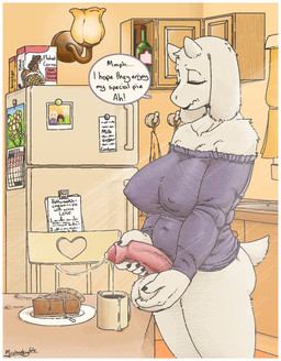 anthro appliance balls big_breasts bodily_fluids bottomless breasts butt cabinet cake calendar cereal_box chair clothed clothing crossgender cum cum_in_beverage cum_in_coffee cum_in_container cum_on_cake cum_on_food cum_string dessert dialogue eyes_closed food foreskin fridge ftg_crossgender fti_crossgender furniture genital_fluids genitals gynomorph holding_balls holding_own_penis holding_penis horn humanoid_genitalia humanoid_penis intersex kitchen kitchen_appliance nipple_outline penis photo purple_clothing purple_sweater purple_topwear recipe shoulderless_sweater side_view sink solo speech_bubble sweater text topwear topwear_only mccheeky64 undertale_(series) toriel boss_monster_(undertale) bovid caprine goat mammal 2026 digital_drawing_(artwork) digital_media_(artwork) english_text hi_res