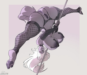 anthro anus areola big_breasts biped breasts butt clitoral_hood clothed clothing dancing female fishnet_clothing fishnet_legwear flexible garter_belt garter_straps genitals grey_anus grey_areola grey_body grey_vulva hair huge_breasts legwear long_hair looking_at_viewer nipple_outline pasties pawpads pole pole_dancing smile solo splits spread_legs spreading stripper_pole text thick_thighs upside_down vulva white_hair casloafy maria_(casloafy) canid canine mammal 2024 dated english_text hi_res signature