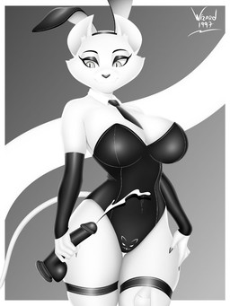 anthro anthrofied armwear breasts bunny_costume clothing costume dildo female legwear makeup sex_toy small_waist smile solo stockings thick_thighs wide_hips wizard1997 samantha_(infinity_train) domestic_cat felid feline felis mammal 3:4 hi_res monochrome