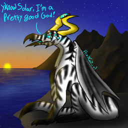 2_horns black_body blue_eyes blue_tongue dialogue feral horn macro male mountain multi_eye open_mouth sea sky solo star starry_sky striped_body stripes sunset tail tongue water white_body wings yellow_horn flixygz_x3 parasite_(flixy) 1:1
