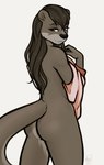 anthro black_nose butt clothing female hair long_hair long_tail nude rear_view shirt_up simple_background smile solo standing tail tasteful thick_tail undressing fairdahlia third-party_edit nat_(mykegreywolf) mammal mustelid otter color_edit colored hi_res nude_edit