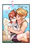 blonde_hair blush brown_hair clothing cloud crossover_ship day duo eyes_closed feathered_wings feathers hair heart_symbol hug humanoid_on_humanoid humanoid_pointy_ears kissing light_body light_skin male male/male not_furry pointy_ears sitting smile sound_effects wings soft_sizzle kid_icarus nintendo the_legend_of_zelda link pit_(kid_icarus) angel elf humanoid hylian winged_humanoid crossover hi_res signature