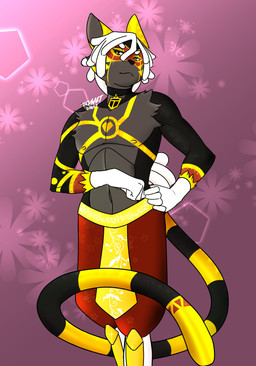 anthro black_body black_eyes black_fur black_nose bottomwear clothed clothing collar domino_mask dreadlocks eyemask eyewear fingers fur glistening gloves hair hand_on_hip handwear leaning long_hair looking_down magic_user male markings mask multicolored_body multicolored_fur multicolored_tail nipples pants partially_clothed simple_background solo tail topless white_hair yellow_body yellow_fur trevhart deity domestic_cat felid feline felis hybrid mammal procyonid raccoon 2017 absurd_res hi_res