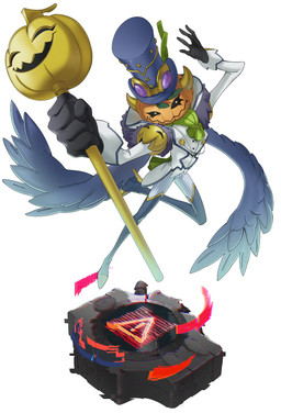 anthro clothing digivice eyewear for_a_head formal_wear goggles hat headgear headwear horn male pumpkin_head solo suit top_hat wings liecomj bandai_namco digimon digimon_(species) noblepumpkinmon object_head absurd_res hi_res