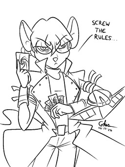anthro card clothed clothed_female clothing eyewear female frowning_at_viewer fully_clothed fully_clothed_female glasses holding_card overcoat solo ghis yu-gi-oh! esther_(ethan8bit) mammal murid murine rodent 3:4 crossover monochrome