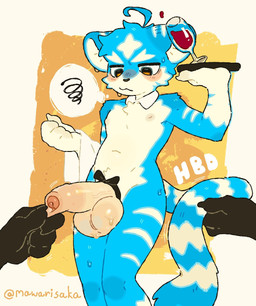 accessory alcohol anthro anthro_focus balls beverage big_balls big_penis biped blue_body blue_fur bodily_fluids container cup disembodied_hand drinking_glass erection femboy foreskin foreskin_play foreskin_pull frenulum front_view fur genital_fluids genital_raphe genitals glass glass_container glass_cup humanoid_genitalia humanoid_penis male male_focus nipples nude_male penis penis_accessory penis_bow penis_ribbon precum raphe_(anatomy) ribbons scrotal_raphe serving_tray shirt_collar solo_focus standing tail tail_grab waiter wine wine_glass mawarisaka3 felid feline mammal hi_res