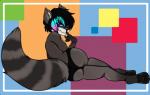 anthro black_clothing black_hair black_underwear blue_eyes clothed clothing ear_piercing female hair highlights_(coloring) panties piercing pose presenting skimpy solo topless underwear king_conniption bengt mammal procyonid raccoon pinup