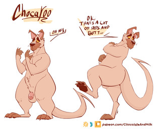 anthro balls belly_tuft brown_nose flaccid fur genitals humanoid_genitalia humanoid_penis male male_anthro mouth_closed nude overweight overweight_anthro overweight_male penis pink_penis simple_background solo standing tail tan_balls tan_body tan_fur tan_tail text tuft white_background chocolateandmilk canid canine hybrid kangaroo macropod mammal marsupial english_text hi_res url
