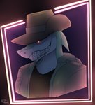 anthro australian_hat clothed clothing green_body male neon_lights sharp_teeth simple_background smile solo teeth photolol.03 flexet_(photolol.03) fish marine shark