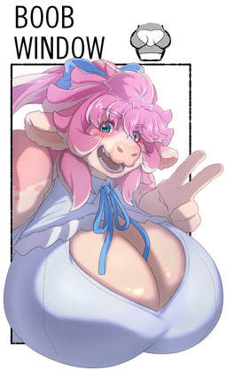 accessory anthro big_breasts blue_eyes blue_ribbon breasts cleavage clothed clothing eyebrow_through_hair eyebrows female female_anthro fur gesture glistening glistening_breasts hair hair_accessory hair_ribbon hand_gesture huge_breasts long_hair looking_at_viewer pink_body pink_fur pink_hair ribbons shirt simple_background solo spiky_hair text topwear translucent translucent_hair v_sign white_background white_body white_clothing white_fur white_shirt white_topwear sasanoha6011 shirt_cut_meme yuzuriha_(sasanoha6011) bovid bovine cattle mammal english_text hi_res meme