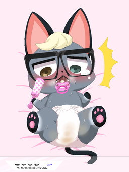 ageplay anthro bodily_fluids cloth_diaper clothed clothing diaper diaper_only front_view genital_fluids infantilism legs_up lying male object_in_mouth on_back pacifier pacifier_in_mouth roleplay solo spread_legs spreading topless unclean_diaper urine used_diaper wearing_diaper wet_diaper unknown_artist animal_crossing nintendo raymond_(animal_crossing) domestic_cat felid feline felis mammal 3:4 hi_res