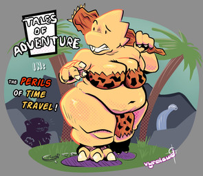 anthro belly big_belly big_breasts bottomwear bra breasts broken_glasses buckteeth clothed clothing club_(weapon) eyewear female glasses loincloth melee_weapon obese obese_anthro obese_female overweight overweight_anthro overweight_female palm_tree plant scales shortstack skimpy solo_focus stretch_marks teeth text thick_thighs tree underwear walking weapon wide_hips yellow_body yellow_scales vyralewd undertale_(series) alphys dinosaur lizard prehistoric_species reptile scalie english_text hi_res