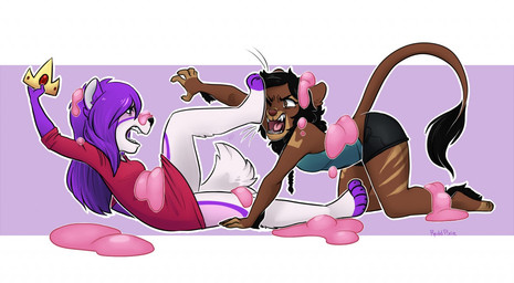 all_fours angry anthro black_hair bottomless bottomwear brown_eyes clothed clothing crown duo fangs female hair headgear holding_object open_mouth purple_hair shirt shorts simple_background stripes tail tail_tuft teeth topwear tuft redpixie canid canine felid lion mammal pantherine 2015