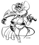 anthro armwear big_breasts breasts buckteeth cape cleavage clothed clothing female markings mask melee_weapon mole_(marking) mole_on_breast solo superhero sword teeth text thick_thighs weapon dutch_(artist) misty_the_mouse distraction_damsel misty_(dutch) mammal mouse murid murine rodent 2009 english_text line_art monochrome