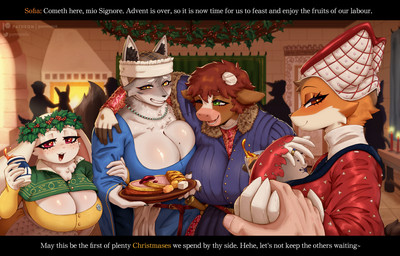 5_fingers anthro big_breasts black_nose blush breasts cleavage clothed clothing digit_ring female fingers first_person_view food green_eyes grin group holding_object holidays huge_breasts inside jewelry looking_at_viewer medieval medieval_clothing necklace one_eye_closed open_mouth ring smile text gammainks christmas dianora_(gammainks) evangelina_(gammainks) maria_(gammainks) sofia_(gammainks) bovid bovine canid canine canis cattle fox lagomorph leporid mammal rabbit wolf 2025 artist_name digital_media_(artwork) english_text hi_res