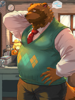 accessory anthro belly big_belly black_nose bottomwear brown_body brown_fur clothing computer detailed_background duo electric_fan electronics fur inside kemono male necktie overweight overweight_male pants shirt sweater sweater_vest topwear vest 0_7us animal_crossing nintendo tom_nook_(animal_crossing) canid canine mammal raccoon_dog tanuki 2024 3:4 hi_res