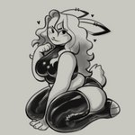 anthro belly belly_squish big_butt breasts butt clothing ear_piercing ear_ring female hair latex legwear long_hair piercing ring_piercing solo squish thigh_highs lumens8ite ravanna_(lumens8ite) lagomorph leporid mammal rabbit 1:1 black_and_white monochrome nonbinary_(lore)