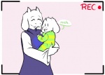 anthro asriel_dreemurr boss_monster_(undertale) bovid camera_view caprine clothed clothing dialogue duo english_text eyes_closed fangs female fur goat horn jarofmud male mammal pink_background recording simple_background smile speech_bubble teeth text toriel undertale undertale_(series) white_body white_fur young young_anthro