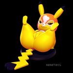 3d_modeling 3d_print anthro black_background butt clothed clothing cosplay_pikachu_(costume) feet female foot_focus genitals half-closed_eyes heart_tail legs_in_air legs_up lying mask narrowed_eyes on_back partially_clothed presenting presenting_hindquarters pussy red_cheeks simple_background smile soles solo spread_legs spreading tail thick_thighs toes yellow_body nonotoys nintendo pokemon pikachu_libre generation_1_pokemon pikachu pokemon_(species) 1:1 2024 3d_(artwork) digital_media_(artwork) hi_res watermark