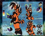 anthro black_body black_fur claws ear_piercing ear_ring facial_piercing fangs fur green_eyes holidays male mane markings nose_piercing nose_ring orange_body orange_fur piercing plantigrade pouch_(anatomy) pupils ring_piercing short_tail solo square_pupils striped_markings striped_tail stripes tail tail_markings teeth text kakumatsurou spookaboo spooktoons halloween kaku_q._spookaboo felid feline mammal spookaboo_(species) english_text model_sheet